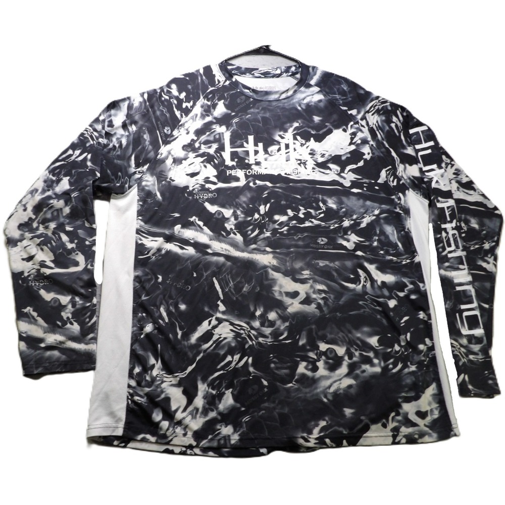 Huk Mossy Oak Elements Hydro Fishing Shirt Men XXL Black White Long Sleeves Tee